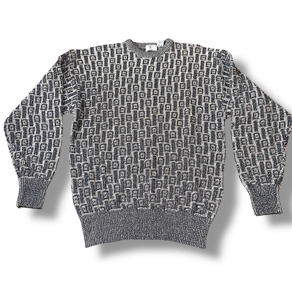 Vintage Men’s 90s Crewneck Sweater Black Blue White Patterned Valentino Garavani